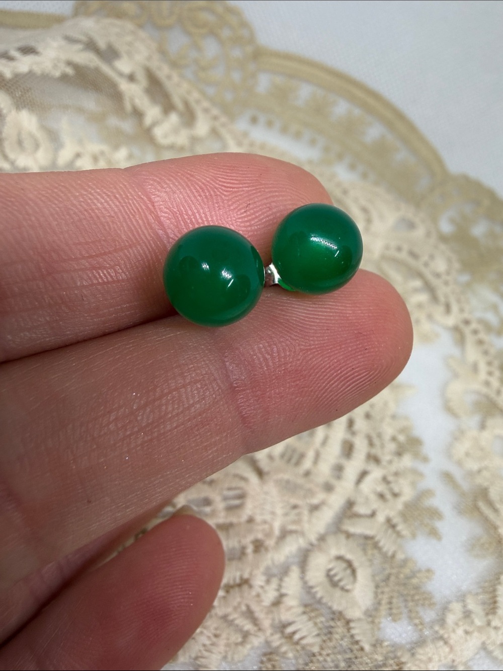 Estate Green Agate 8mm Stud Earrings on Sterling Silver Posts Good Fortune
